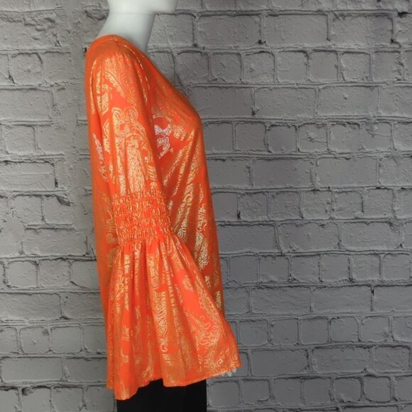 MICHAEL KORS Poppy Gold SAMARA Bell Sleeve V Neck Blouse, Women's Small - Picture 5 of 12